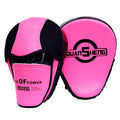 Pink boxing focus mitts with 'Quan Sheng' branding on a white background