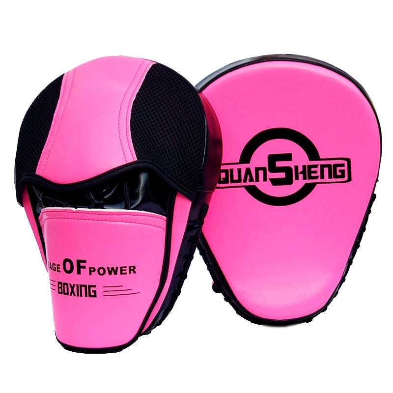 Pink boxing focus mitts with 'Quan Sheng' branding on a white background