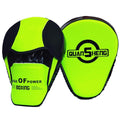Pair of green boxing focus mitts with 'Quan Sheng' branding on a white background