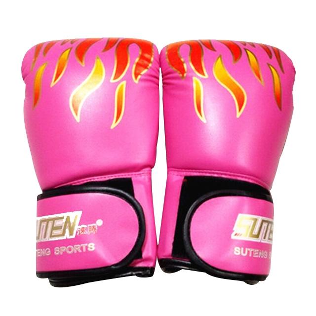 Pink boxing gloves with flame design and Sutek branding on a white background