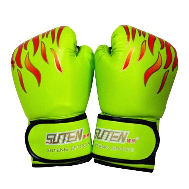 Pair of green boxing gloves with red flame design on a white background