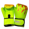 Pair of green boxing gloves with flame design on a white background