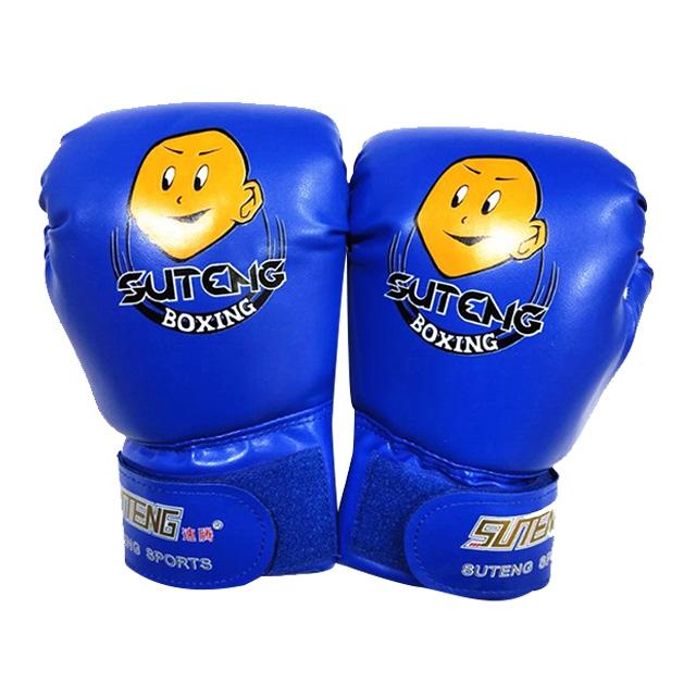 Blue boxing gloves with Suteng Boxing logo on a white background