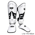 White and black shin guards with visible branding on a white background