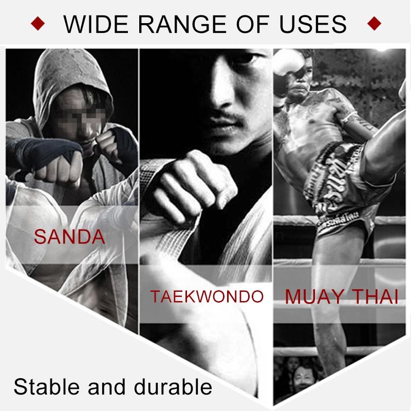 Collage of people in various martial arts stances with text indicating uses for Sanda, Taekwondo, and Muay Thai.