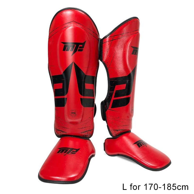 Red shin guards with black accents on a white background