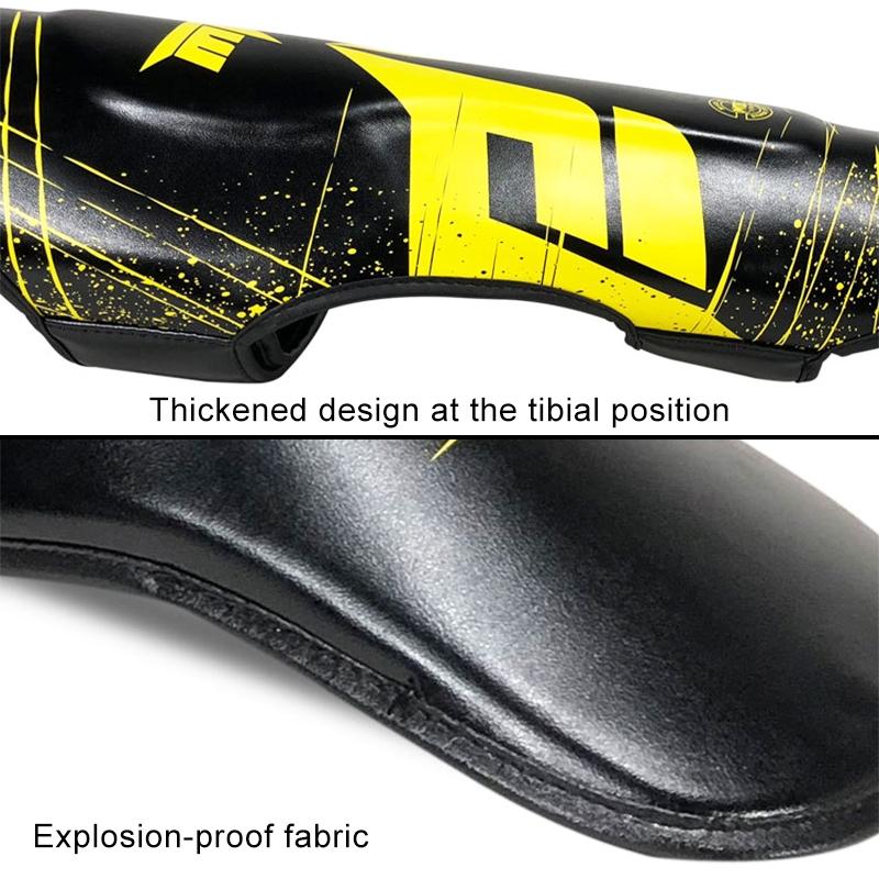 Black and yellow protective gear with text highlighting design features on a white background