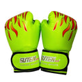 Pair of green boxing gloves with red flame design on a white background