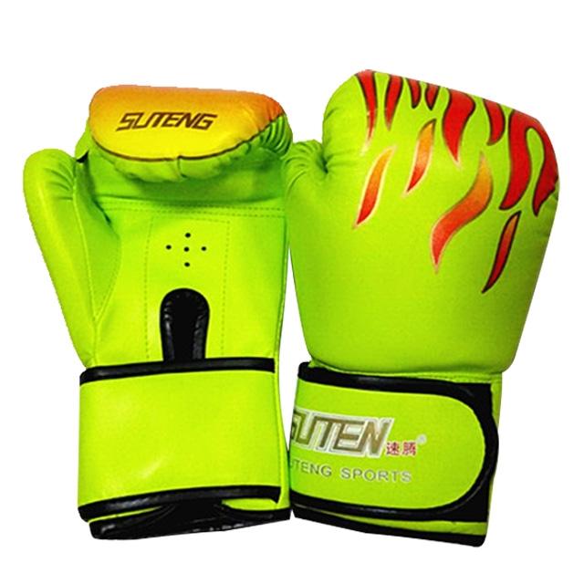 Pair of green boxing gloves with flame design on a white background