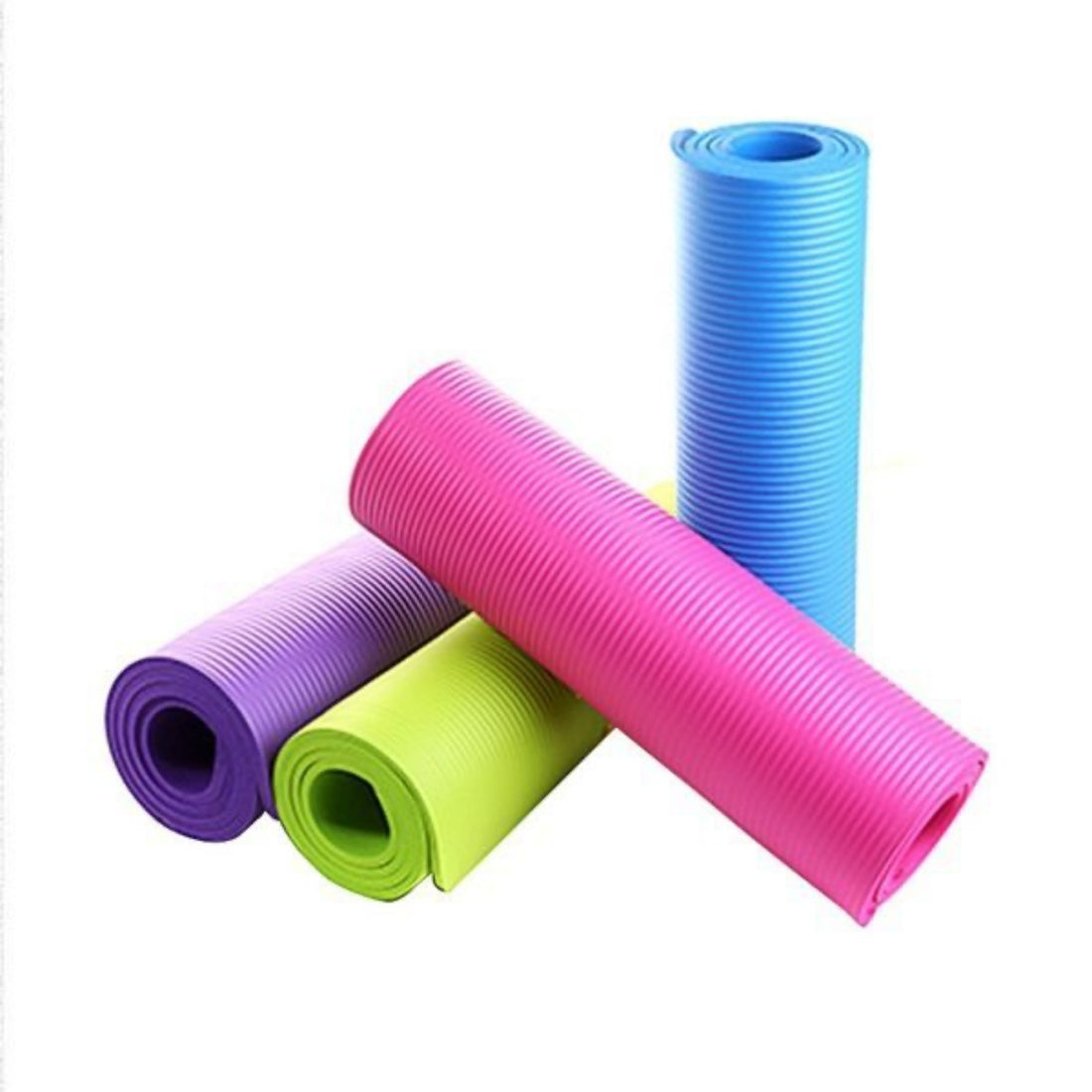 Four colorful yoga mats stacked on a white background