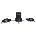 Black car seat mount system with three hooks on a white background