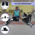 Gym machine with 'All-Steel Tubular Design' text and close-up insets on a blurred gym background.