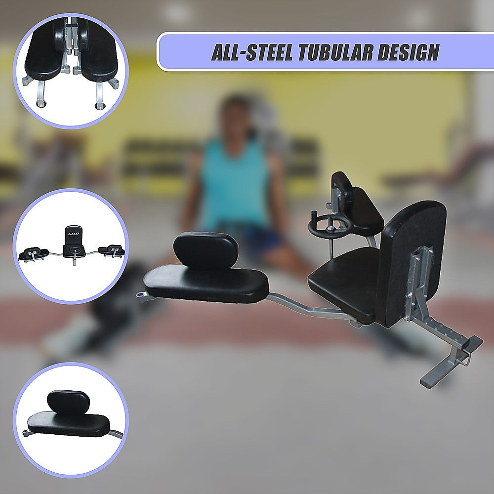 Gym machine with 'All-Steel Tubular Design' text and close-up insets on a blurred gym background.