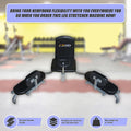 Leg stretcher machine with promotional text in a gym setting