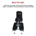 Black exercise chair with 'ATM' branding on a white background, featuring text about durability and comfort.