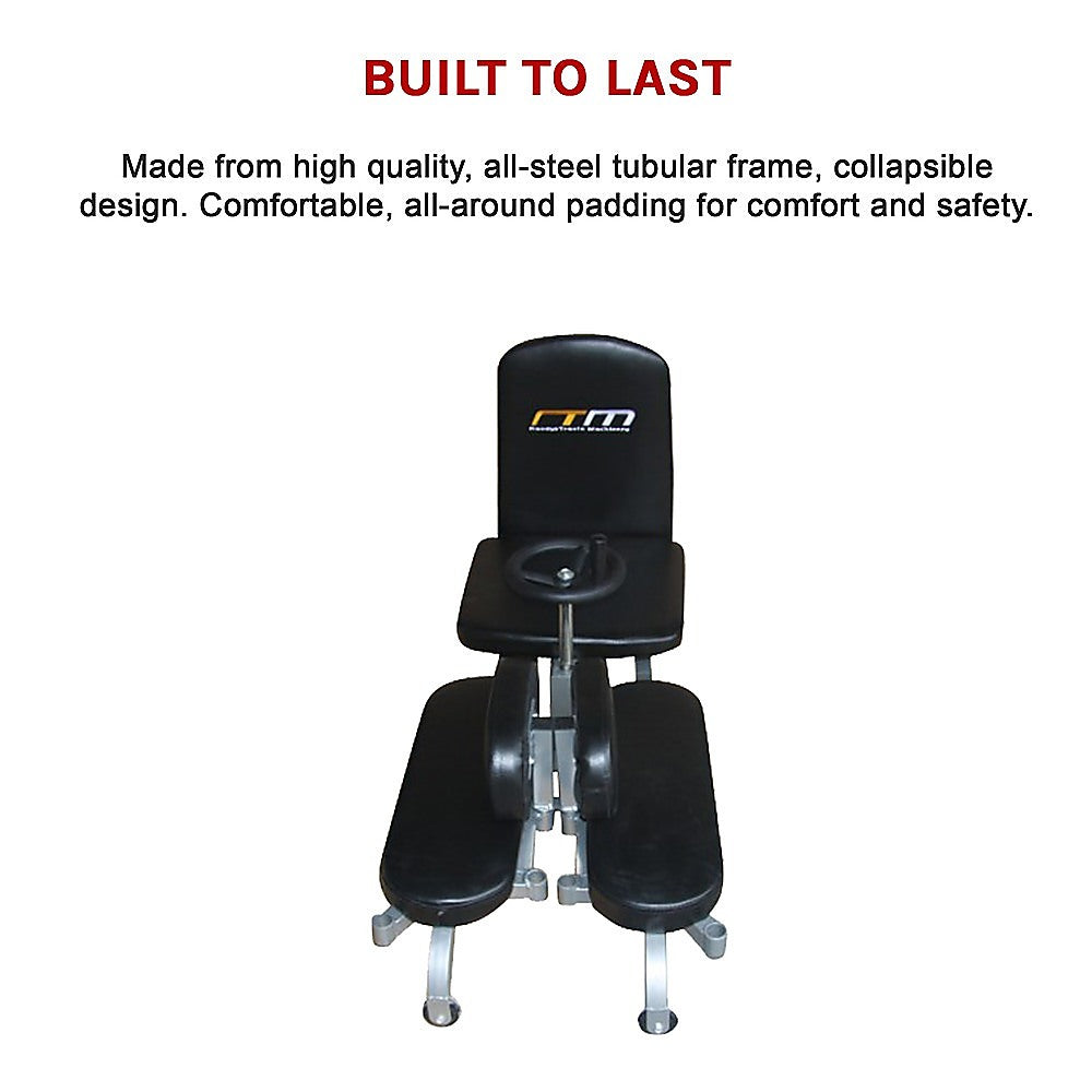 Black exercise chair with 'ATM' branding on a white background, featuring text about durability and comfort.