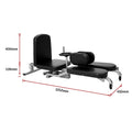 Black weight bench with measurements on a white background