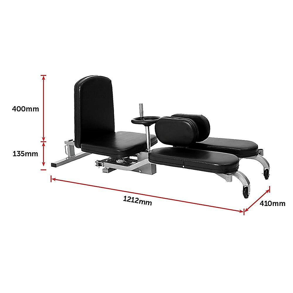Black weight bench with measurements on a white background