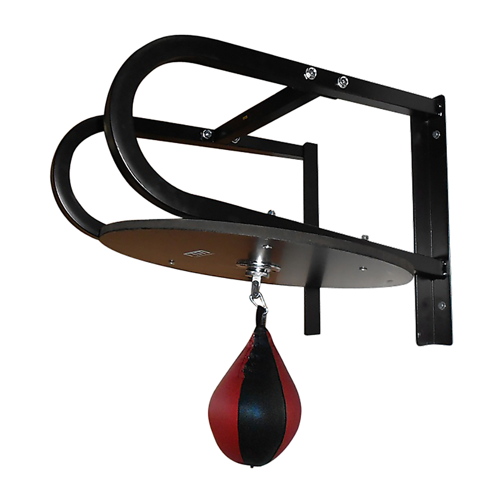 Black boxing speed bag stand with a red and black speed bag on a white background