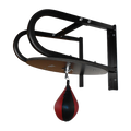 Black boxing speed bag stand with a red and black speed bag on a white background