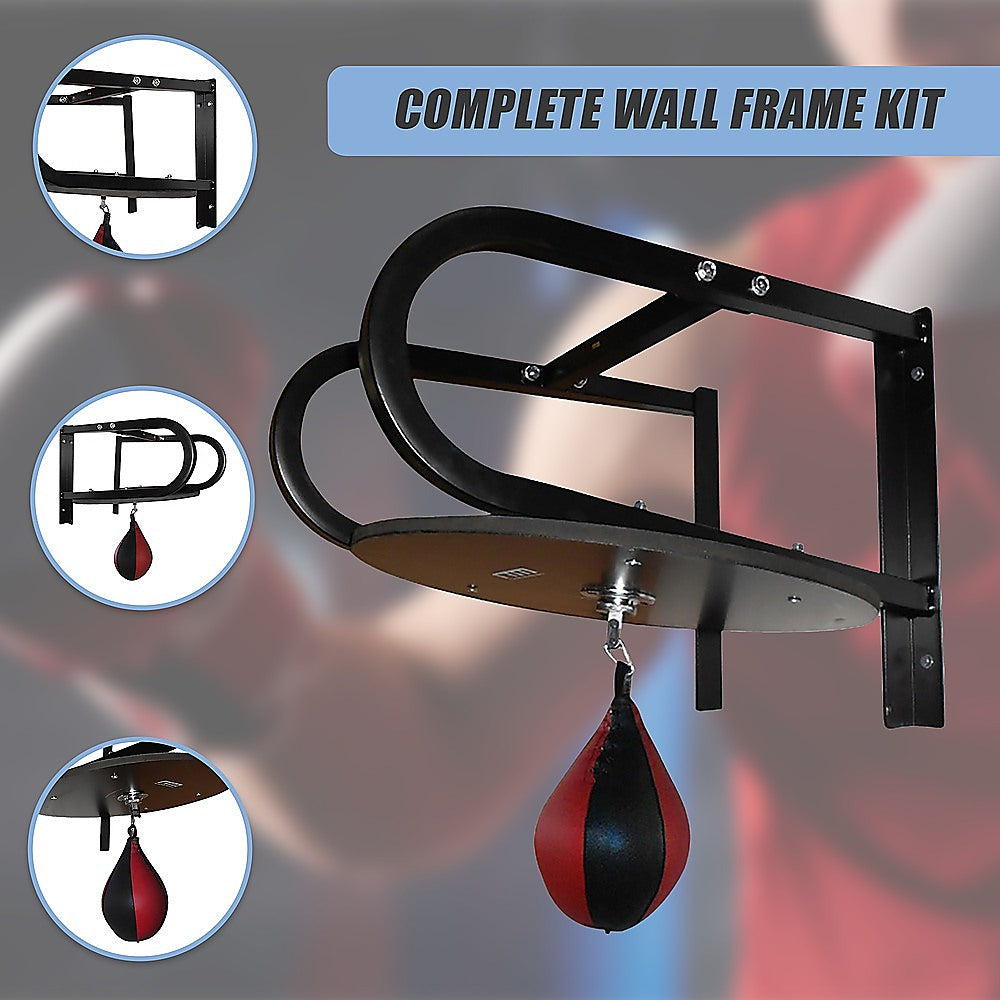 Wall-mounted punching bag frame kit with a punching bag, shown against a blurred background.