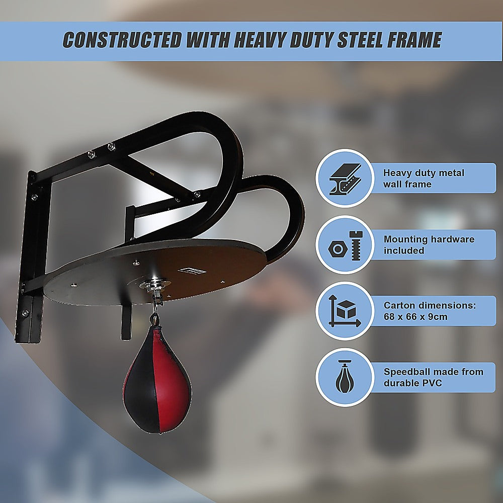 Heavy-duty metal wall-mounted speed bag with features highlighted on a blurred background