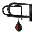 Black boxing speed bag stand with a red and black speed bag on a white background