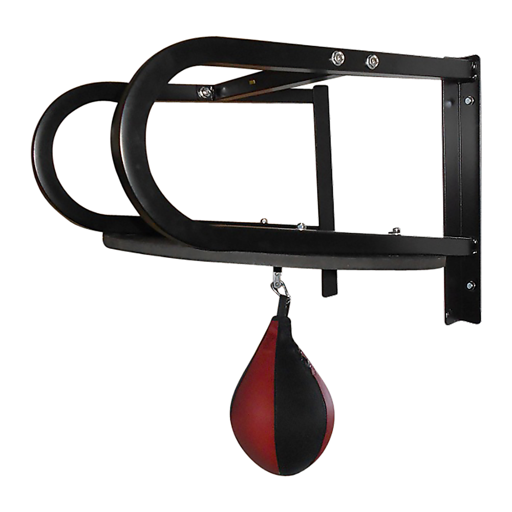 Black boxing speed bag stand with a red and black speed bag on a white background