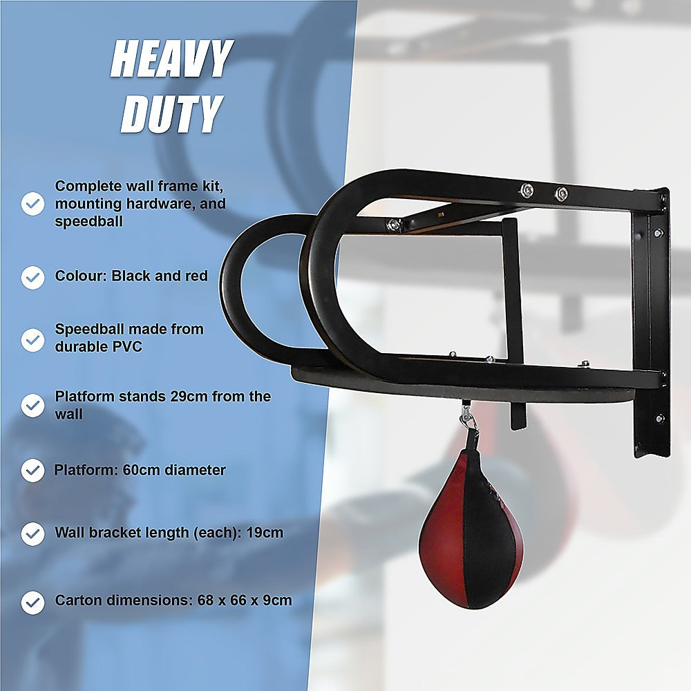Heavy-duty wall-mounted punching bag kit with specifications on a blue and white background