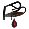 Black boxing speed bag stand with a red and black speed bag on a white background