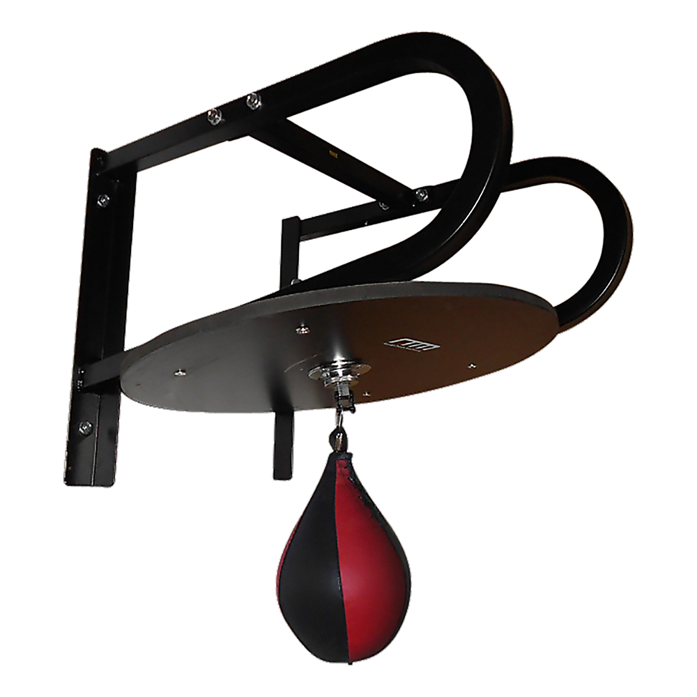 Black boxing speed bag stand with a red and black speed bag on a white background