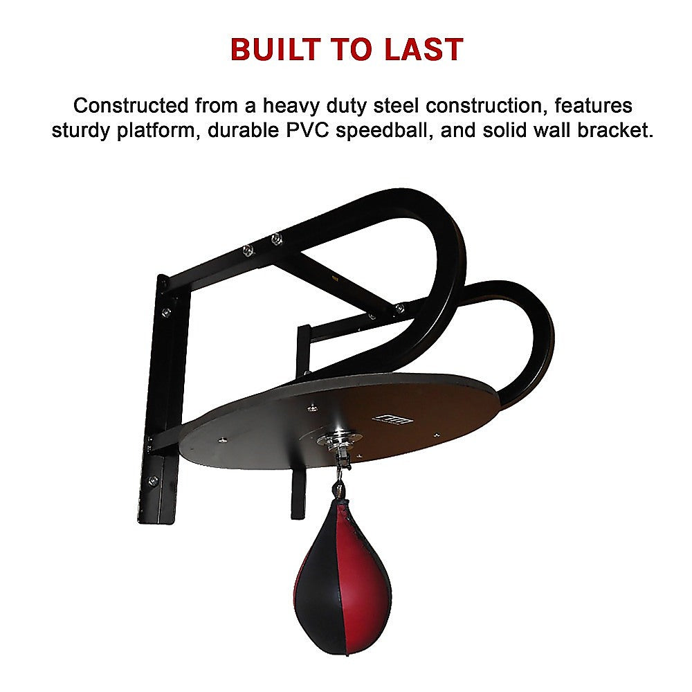 Heavy-duty steel speedball training system with red and black speedball on a white background.