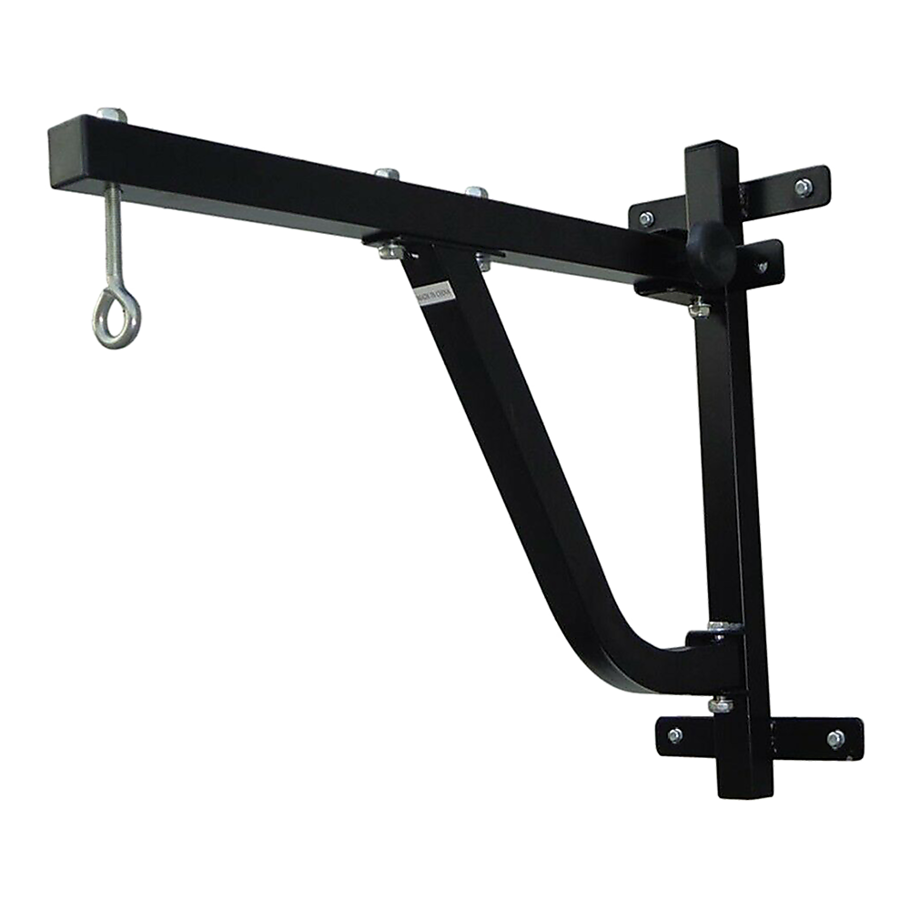 Black metal punching bag stand on a white background