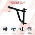 Boxing punching bag wall pivot rack with features listed on a white background