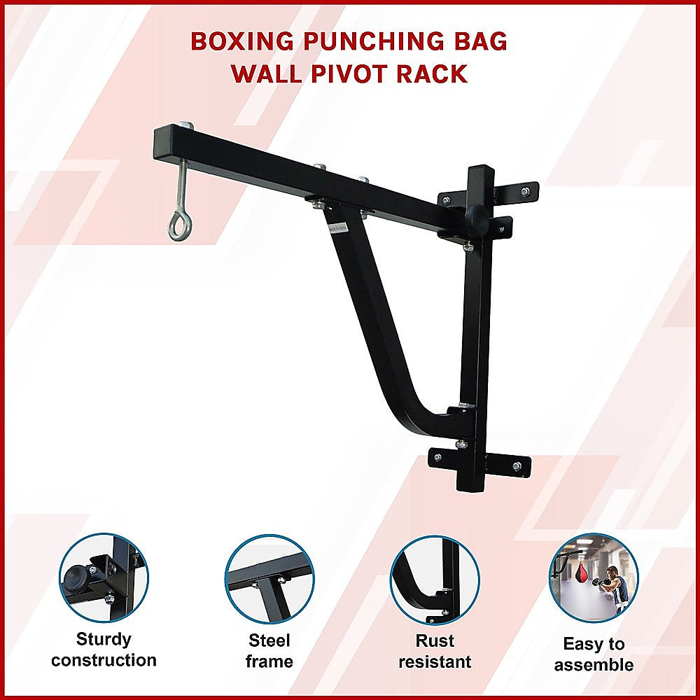 Boxing punching bag wall pivot rack with features listed on a white background