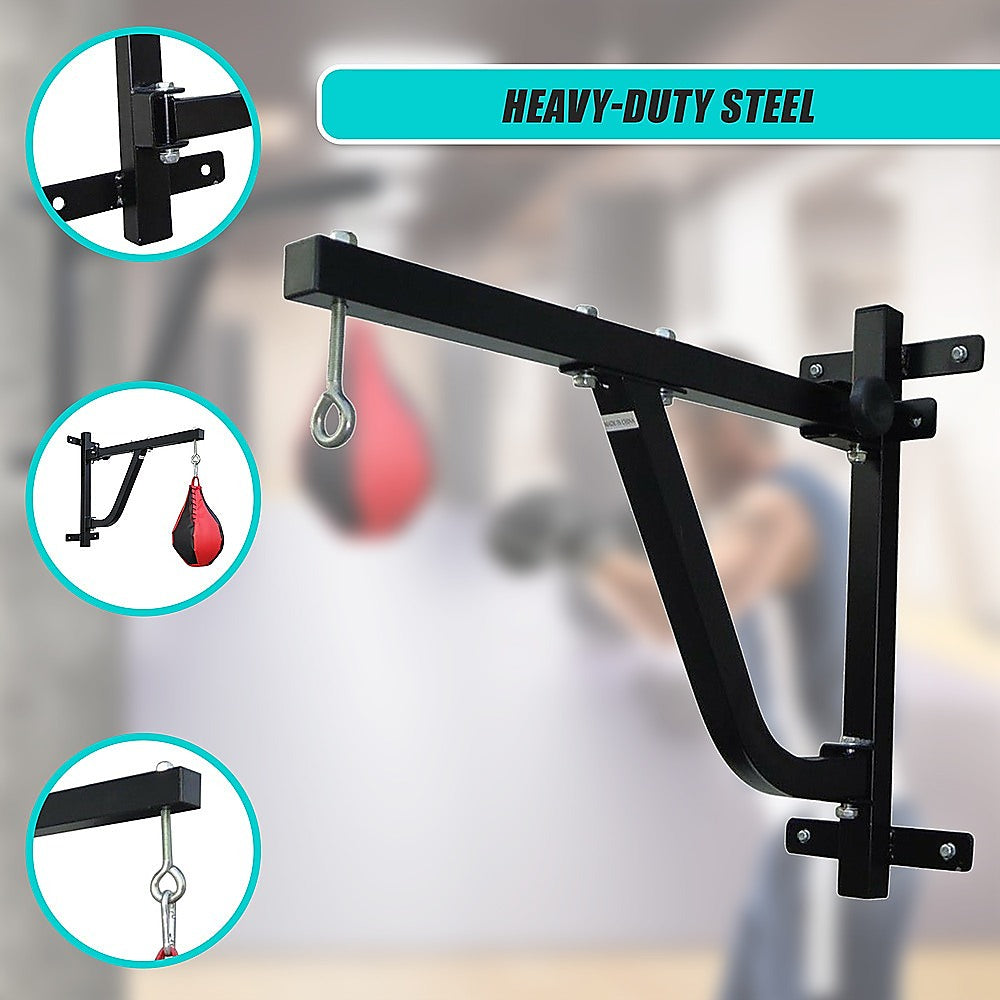 Heavy-duty steel punching bag stand with insets showing its use.