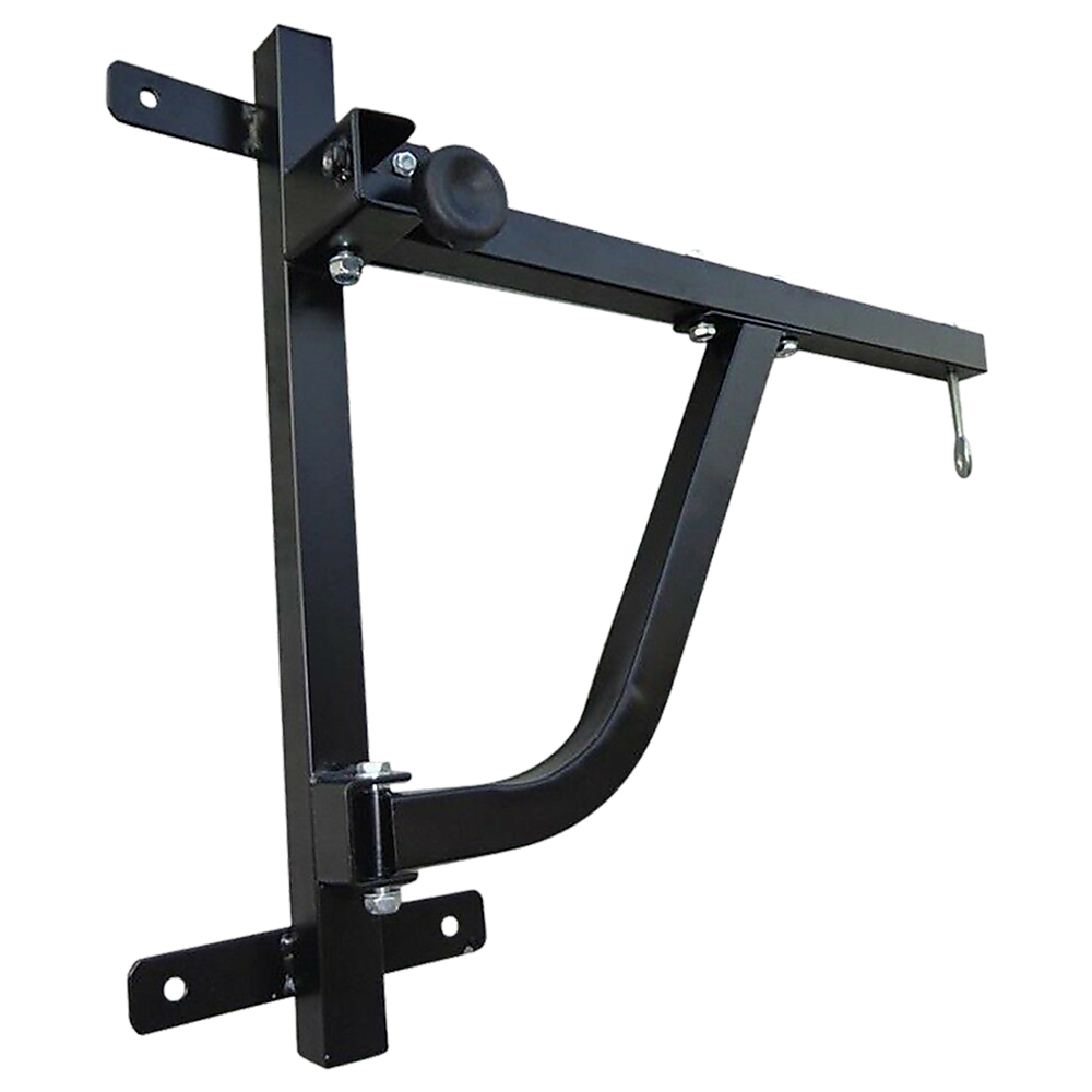 Black metal punching bag stand on a white background