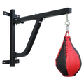 Black boxing speed bag stand with a red and black punching bag on a white background