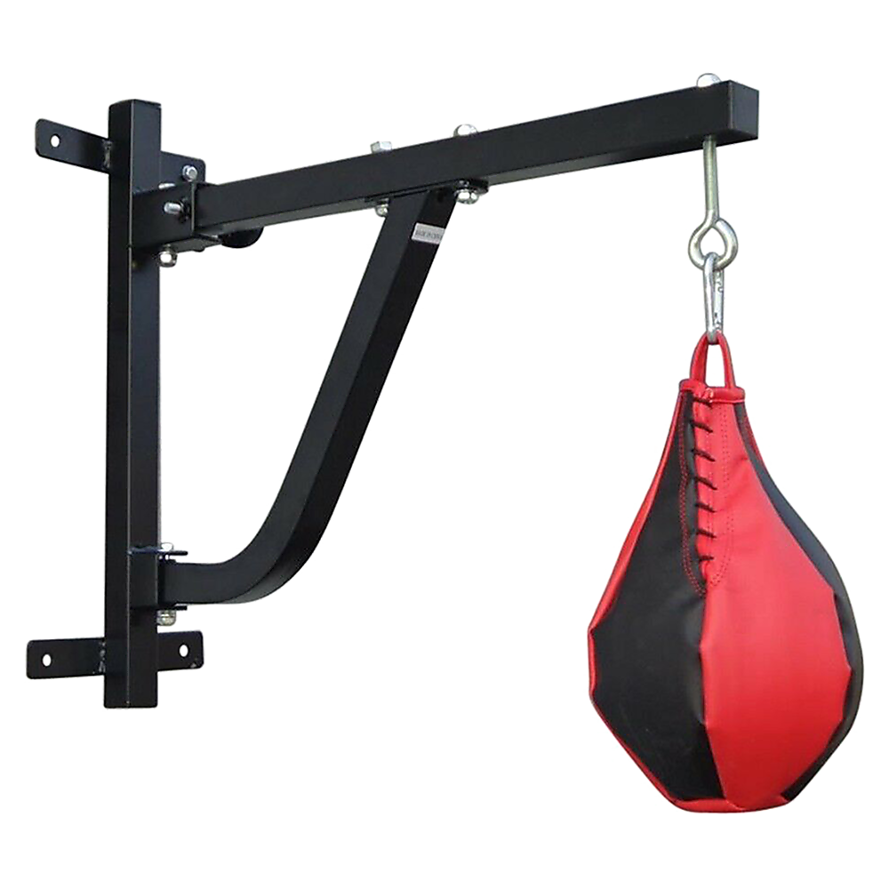 Black boxing speed bag stand with a red and black punching bag on a white background