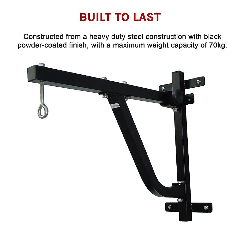Black metal pull-up bar with text about construction and capacity on a white background