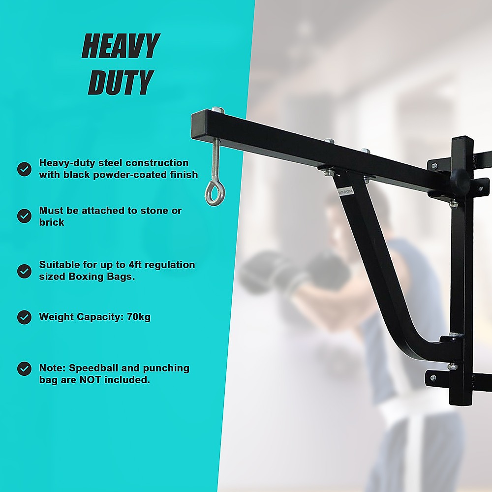 Heavy-duty boxing bag stand with specifications on a blue and white background