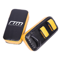 Black and yellow boxing pads with 'RTM' branding on a white background