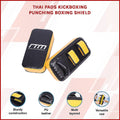 Two kickboxing pads with RM brand logo on a white background