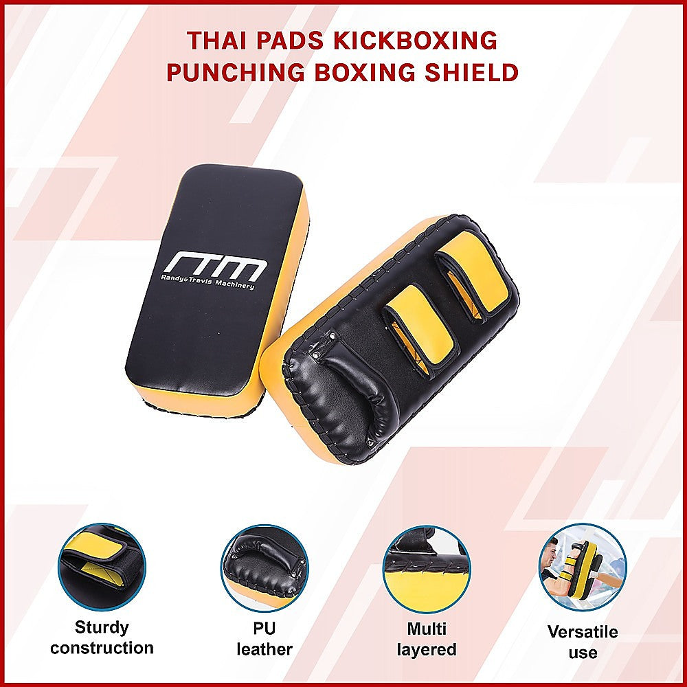 Two kickboxing pads with RM brand logo on a white background