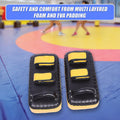 Black and yellow martial arts protective pads on a colorful mat with text about foam and EVA padding.