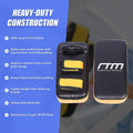 Pair of black and yellow martial arts pads with RTM branding on a blue background with text about pad features.