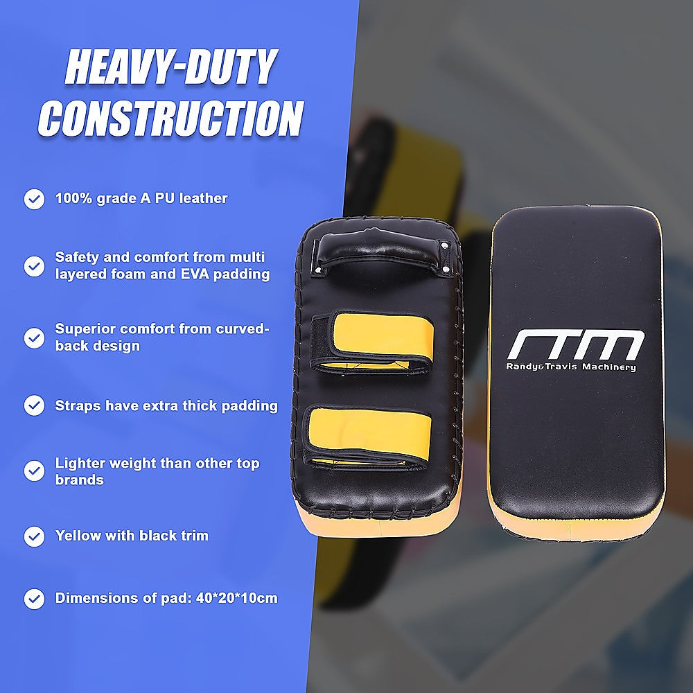Pair of black and yellow martial arts pads with RTM branding on a blue background with text about pad features.