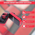 Red and black athletic support pad with features listed on a blurred background