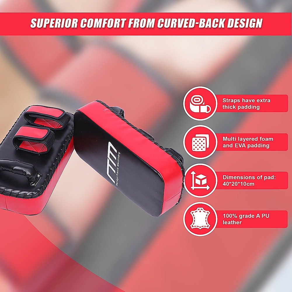 Red and black athletic support pad with features listed on a blurred background