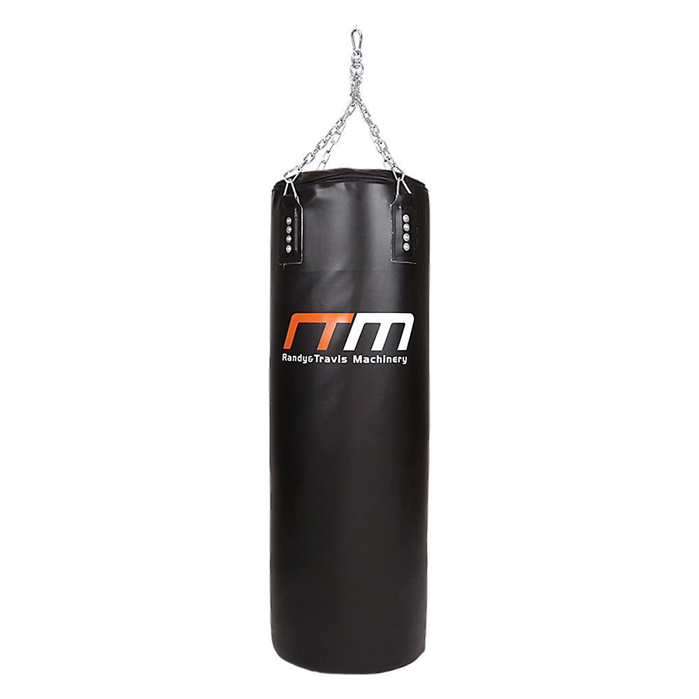 Black punching bag with Randy Travis Machinery logo on a white background
